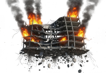 Collapsing multi story building engulfed in flames with thick plumes of smoke rising into the air and debris falling 181 building destruction fire demolition disaster ruin damaged collapse