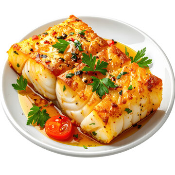 A close-up of bacalao al pil pil, showcasing the silky, gelatinous sauce and tender salt cod, isolated on a stark white background