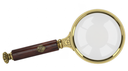 Luxury magnifying glass with gold frame and wooden handle isolated on a transparent background