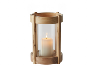 Lit white candle in wooden lantern lit candle glass isolated on a transparent background