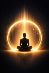 Serene Silhouette: A figure in lotus position, surrounded by a glowing, ethereal circle. An image promoting peace, spirituality, and well-being.