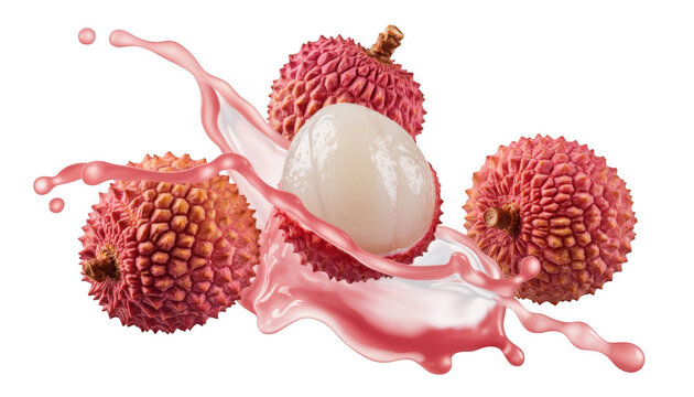 Lychee fruit with juice splash isolated on a transparent background
