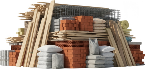 A large pile of construction materials including lumber bricks insulation mesh and bags of cement and sand ready for a building project building materials wood stack supplies renovation