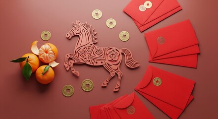 Celebrating Chinese New Year with a Horse Flat Lay Festive Decor Red Envelopes and Oranges on a Warm Background