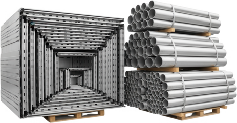 Metallic tubes are stacked on wooden pallets and shelving units are nested creating a repeating geometric pattern against a stark backdrop metal pipes tubing construction materials