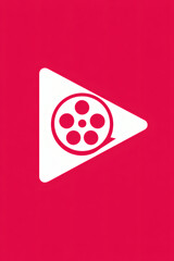Modern digital media icon: A stylized white play button on a crimson background with a classic film reel inside. Minimalist design.