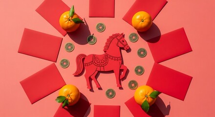 Chinese New Year Celebration with Horse Flat Lay Festive Red Envelopes and Oranges Vibrant Tabletop Decor