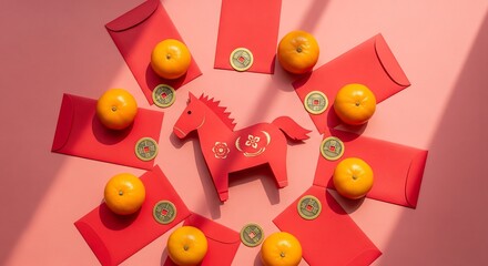 Chinese New Year Celebration with Horse Figurine Flat Lay Arrangement of Oranges and Red Envelopes Festive Atmosphere