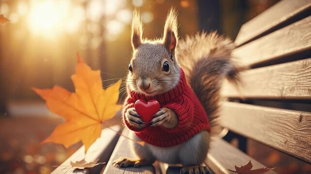 Adorable Squirrel in Sweater Holding Heart in Autumn Park Setting
