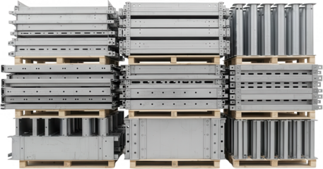 Stacked metal beams and industrial construction elements are stored neatly on wooden pallets in a warehouse or storage facility Sturdy construction components showcase pre drilled holes and