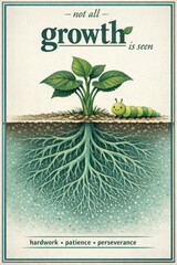 An artistic depiction of growth, showing a plant above ground with roots below. "Not all growth is seen" emphasizing hidden efforts.