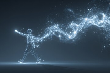 Human figure interacting harmoniously with abstract intelligent digital forms.