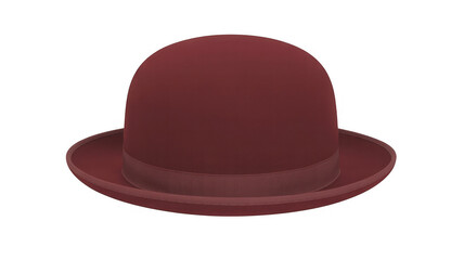 Maroon bowler hat with wide brim and ribbon band red hat isolated on a transparent background