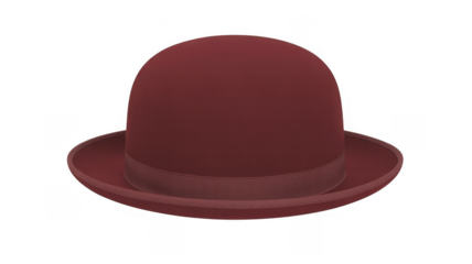 Maroon bowler hat with wide brim and ribbon band red hat isolated on a transparent background