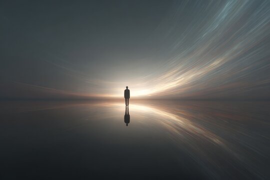 A lone human figure standing before a radiant horizon of light, symbolizing purpose, vision, transformation, and the search for meaning.