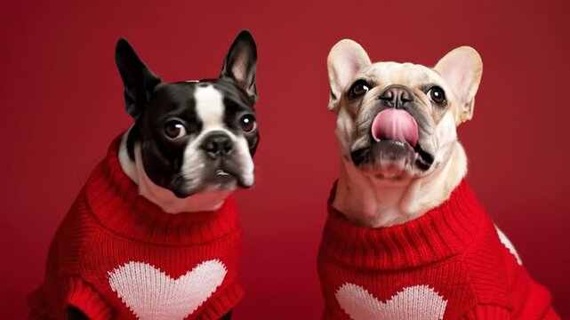 Adorable French Bulldog and Boston Terrier in Matching Heart Sweaters for Pet Lovers