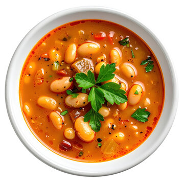 A comforting bowl of traditional maltese ku�ksu soup, featuring beans, pasta, and a rich tomato broth, isolated on a white background