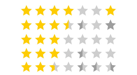 Multiple rows of yellow and gray stars representing different rating levels on a white background.