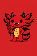 A cute red cartoon devil character with horns and wings, smiling while holding a trident on a matching red background. So devilishly sweet!