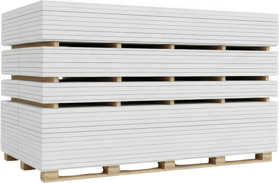 Stacked white drywall panels resting on wooden pallets ready for construction and interior finishing projects showcasing material plasterboard gypsum board construction material building material
