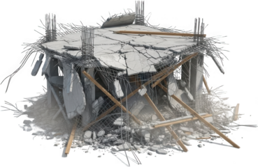 A heavily damaged concrete building structure with exposed rebar broken slabs and wooden supports showing signs of recent demolition or disaster destruction ruin construction debris