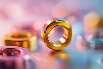 Close-up photography of metallic gears and hardware components in industrial workshop design