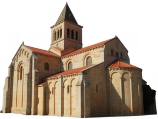 Medieval stone church with red roof and tower building isolated on a transparent background