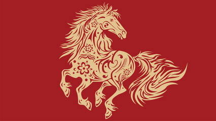 Golden horse with red background, Chinese auspicious symbol.