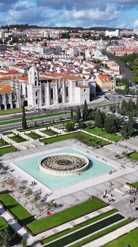 Jeronimos Monastery In Lisbon Portugal. Aerial View Of Church Building Dominating The Skyline. Town Sky Backgrounds Urban. Town Panoramic. Lisbon Portugal.