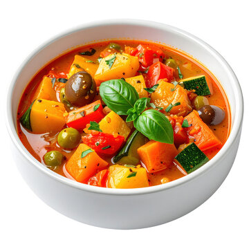 Spanish menestra, a vibrant and healthy medley of spring vegetables in a light broth, isolated on a white background