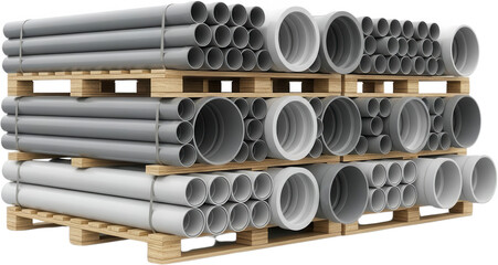 Stacked plumbing pipes and drainage tubes of various sizes and gray shades are neatly arranged on wooden pallets ready for construction building materials supply industrial storage