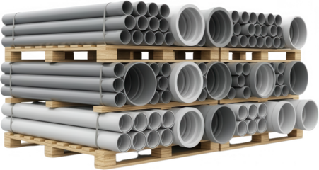 Stacked plumbing pipes and drainage tubes of various sizes and gray shades are neatly arranged on wooden pallets ready for construction building materials supply industrial storage