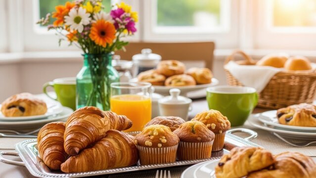 Easter morning delight a colorful breakfast spread with fresh flowers and pastries