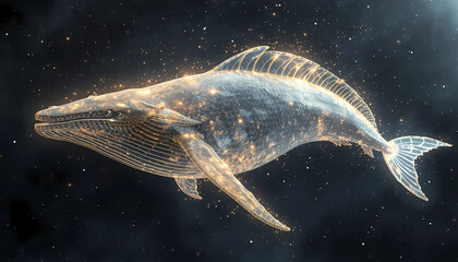 Majestic whale in starry night sky with glowing lines