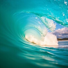 Powerful wave barrels through turquoise water at legendary Chicama surf break,  long wave,  coastal