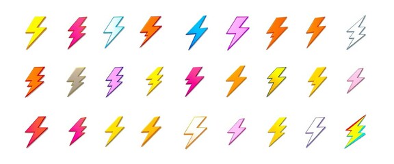 Set of stylized lightning bolt icons, various designs and angles, clipart, background