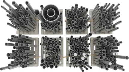 A variety of metal pipes and tubes including round and square cross sections neatly organized and stacked in a workshop or warehouse setting construction industry manufacturing materials
