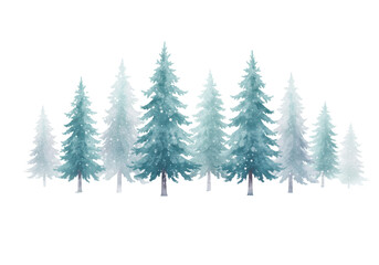 Obraz premium Row of stylized evergreen trees in icy teal, frosty white, and pale lavender watercolor with soft washes, misty base, and a transparent background with copy space, magical winter fantasy atmosphere