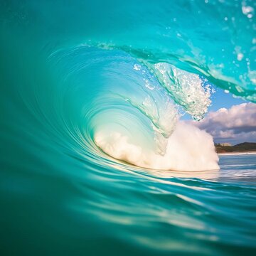 Powerful wave barrels through turquoise water at legendary Chicama surf break,  long wave,  coastal