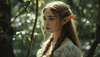 Elf woman with braided hair in forest landscape