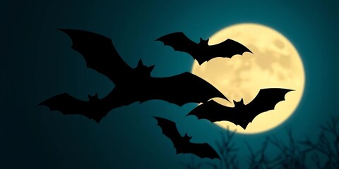 Spooky Halloween bat silhouettes against a moonlit night sky, stock photo, chiroptera
