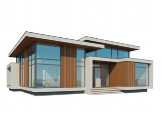 Modern house with large windows and wooden accents isolated on a transparent background