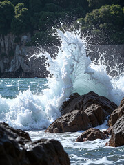 Wave crashing against rocks, water splash captured midair, crisp natural tone,Each splash of the wave is a rhythm of freedom.