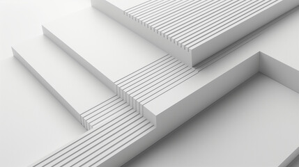 Minimalist abstract 3D render of a white geometric landscape with parallel grooves, illustrating concepts of data flow, technological networks, and modern architectural design
