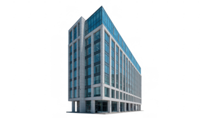 Modern office building with blue windows and gray facade isolated on a transparent background