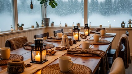 Cozy cabin dining room set for breakfast on snowy morning with lanterns and warm lighting indoors.