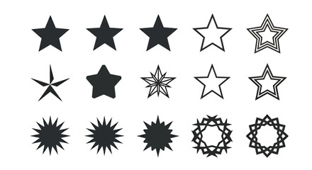 Collection of various black and outline star and sunburst vector shapes on white background.