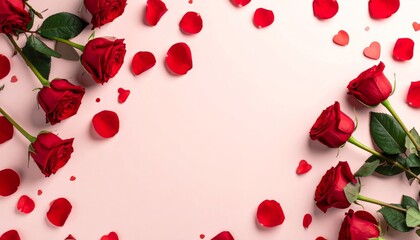 A beautiful red rose floral frame made of delicate petals creates a romantic nature border for a Valentine wedding gift card or a love bouquet decoration