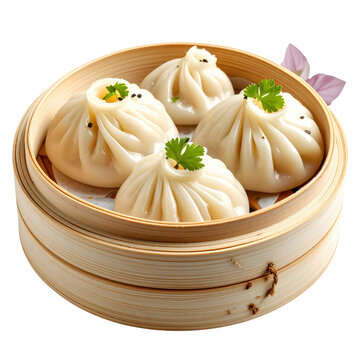 Golden pleated buuz dumplings served hot, expertly captured and isolated on white background for menus