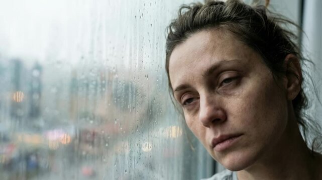 Caregiver burnout fatigue stress sad tired woman at rainy window reflection depression worry loneliness mental health emotional stress fatigue